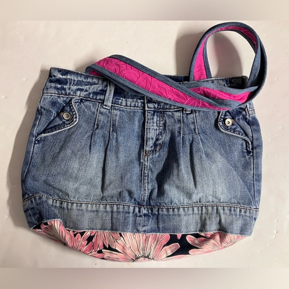 Blue Jean Purse Bag Upcycled Denim Handmade Flower Neon Pink  Handmade/Upcycled Distressed Denim Shoulder Bag, Faded Blue/Pink, Floral